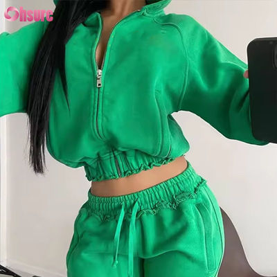 Hoodie de algodón de alta calidad con crop de cierre para mujeres Logotipo personalizado bordado francés Terry de gran tamaño con cierre de invierno con capucha