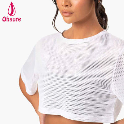 Logotipo personalizado camiseta casual de malla de espandéx tela de equipo cuello ropa de mujer gimnasio de mujeres camisas de calentamiento