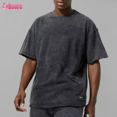 Logotipo personalizado Peso pesado Hombre negro 100% de algodón Activo Acido de gran tamaño Lavado crudo Camiseta deportiva gimnasio Camiseta masculina