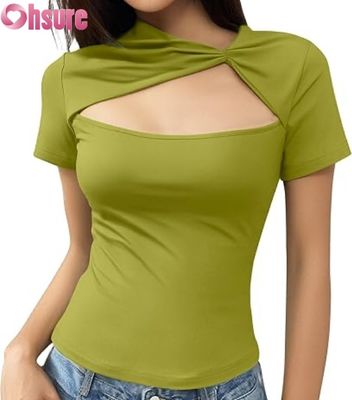 Camisetas de verano ajustadas para mujer | Tops con cuello redondo y manga corta con cortes | OEM personalizado de moda 2025