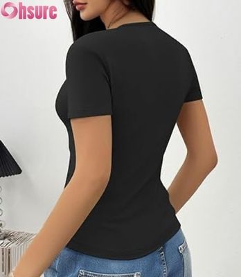 Camisetas de verano ajustadas para mujer | Tops con cuello redondo y manga corta con cortes | OEM personalizado de moda 2025