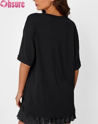 Camiseta casual de gran tamaño para mujer, túnica holgada de manga corta con abertura lateral y dobladillo con volantes