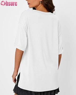 Camiseta casual de gran tamaño para mujer, túnica holgada de manga corta con abertura lateral y dobladillo con volantes