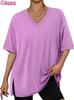 Camiseta casual de gran tamaño para mujer, túnica holgada de manga corta con abertura lateral y dobladillo con volantes