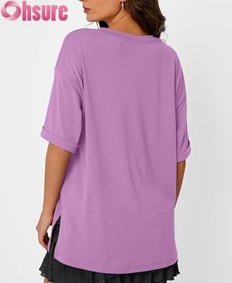 Camiseta casual de gran tamaño para mujer, túnica holgada de manga corta con abertura lateral y dobladillo con volantes