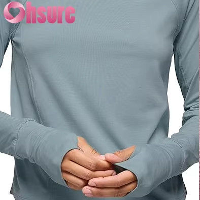 Sudaderas con capucha de yoga ecológicas para mujer, cuello largo, manga larga, suéter de punto, tops deportivos de fitness con logotipo frontal