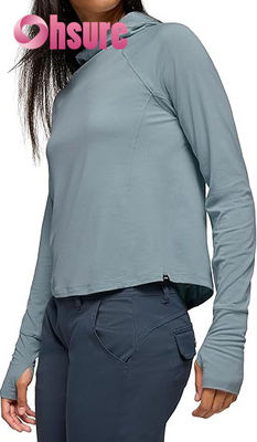 Sudaderas con capucha de yoga ecológicas para mujer, cuello largo, manga larga, suéter de punto, tops deportivos de fitness con logotipo frontal