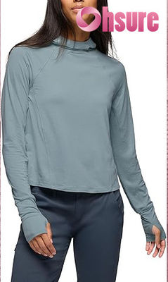 Sudaderas con capucha de yoga ecológicas para mujer, cuello largo, manga larga, suéter de punto, tops deportivos de fitness con logotipo frontal