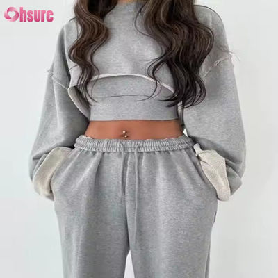 Personalización Moda Deporte Francés Terry Trajes de sudadera Mujeres 3 Piezas Jogger Set Trajes de sudadera y corte de la colmena de cultivo de la columna