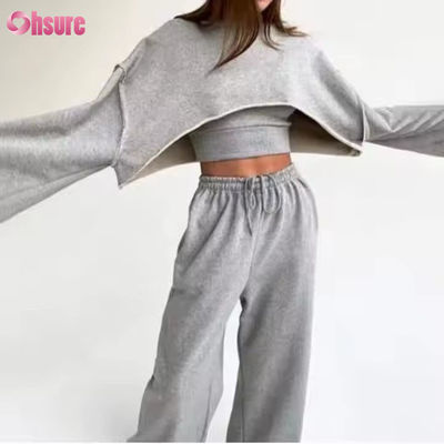Personalización Moda Deporte Francés Terry Trajes de sudadera Mujeres 3 Piezas Jogger Set Trajes de sudadera y corte de la colmena de cultivo de la columna