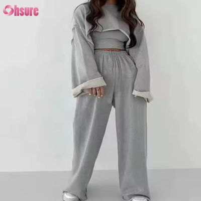 Personalización Moda Deporte Francés Terry Trajes de sudadera Mujeres 3 Piezas Jogger Set Trajes de sudadera y corte de la colmena de cultivo de la columna