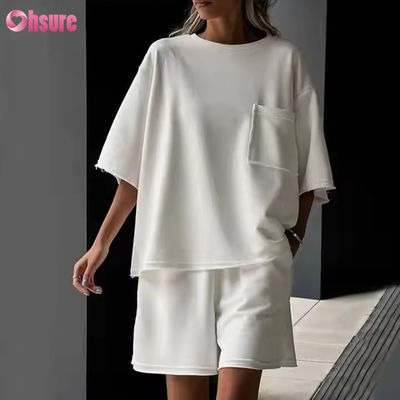 Traje casual de verano para mujer, color sólido, cuello redondo, manga corta, pantalones cortos elásticos para ejercicio, ropa deportiva personalizada para mujer