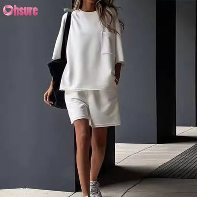 Traje casual de verano para mujer, color sólido, cuello redondo, manga corta, pantalones cortos elásticos para ejercicio, ropa deportiva personalizada para mujer