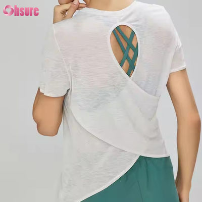 Mujeres de peso ligero espalda hueca con manga corta camiseta de gimnasia transpirable secar rápido transparente camisetas de yoga casual
