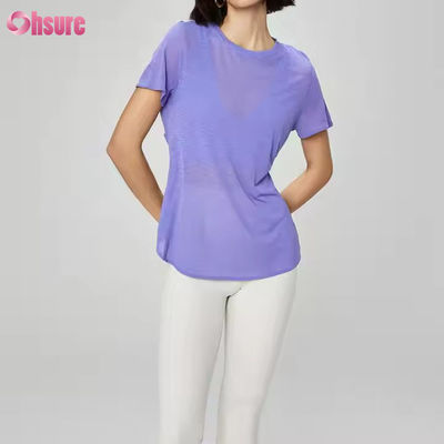 Mujeres de peso ligero espalda hueca con manga corta camiseta de gimnasia transpirable secar rápido transparente camisetas de yoga casual