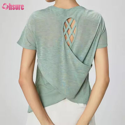 Mujeres de peso ligero espalda hueca con manga corta camiseta de gimnasia transpirable secar rápido transparente camisetas de yoga casual