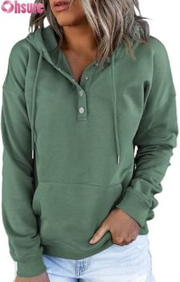 Pullover de manga larga con botón encapuchado con sudadera con el logotipo de la parte frontal de las mujeres, de punto para el invierno de otoño, con bolsillos