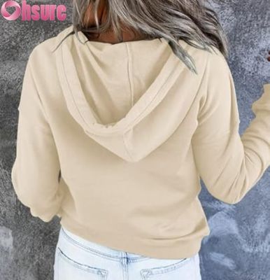 Pullover de manga larga con botón encapuchado con sudadera con el logotipo de la parte frontal de las mujeres, de punto para el invierno de otoño, con bolsillos
