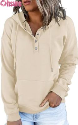 Pullover de manga larga con botón encapuchado con sudadera con el logotipo de la parte frontal de las mujeres, de punto para el invierno de otoño, con bolsillos