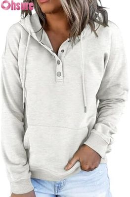 Pullover de manga larga con botón encapuchado con sudadera con el logotipo de la parte frontal de las mujeres, de punto para el invierno de otoño, con bolsillos