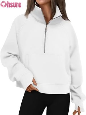 Pullover de lana cortada con media cremallera de mujer con capucha.