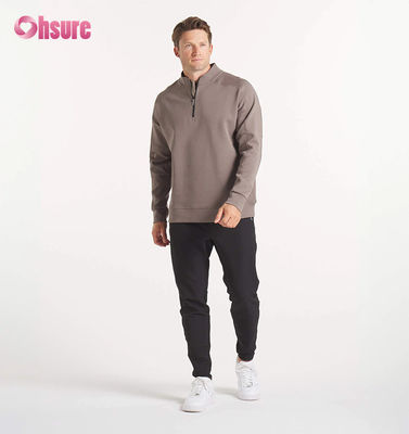 Sudadera de cuello redondo de felpa francesa de gran tamaño para hombre con bordado personalizado de alta calidad y sudadera con capucha con cremallera de cuarto de peso pesado con patrón sólido