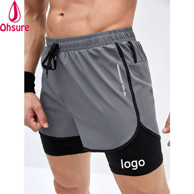 Pantalones cortos deportivos 2 en 1 para hombre con cinta reflectante y cintura con cordón, pantalones cortos de entrenamiento para hombre