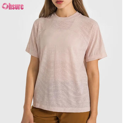 Camisetas deportivas de yoga de manga corta para mujer, de secado rápido, transpirables, con logotipo personalizado al por mayor, con jacquard, para fitness, de largo corto, para gimnasio