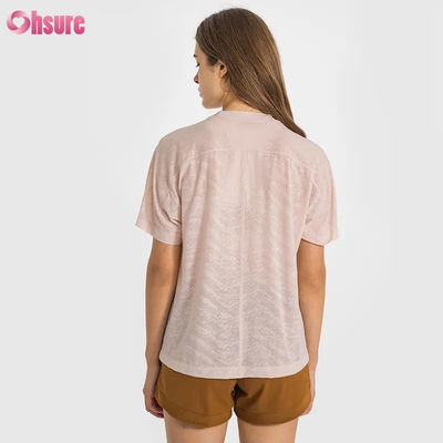 Camisetas deportivas de yoga de manga corta para mujer, de secado rápido, transpirables, con logotipo personalizado al por mayor, con jacquard, para fitness, de largo corto, para gimnasio