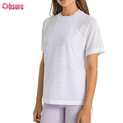 Camisetas deportivas de yoga de manga corta para mujer, de secado rápido, transpirables, con logotipo personalizado al por mayor, con jacquard, para fitness, de largo corto, para gimnasio