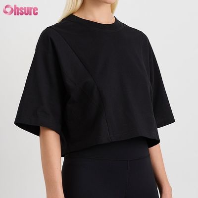 T-shirt de manga corta de mujer de doble lado O cuello en blanco, simple, de gran tamaño, recortado, de parte superior sólida, casual, atlética, de spandex.