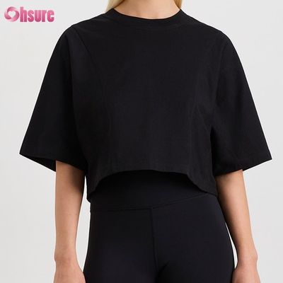 T-shirt de manga corta de mujer de doble lado O cuello en blanco, simple, de gran tamaño, recortado, de parte superior sólida, casual, atlética, de spandex.