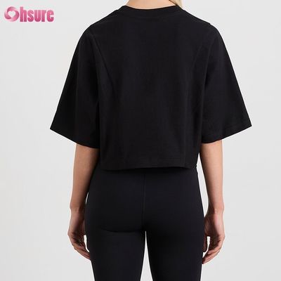 T-shirt de manga corta de mujer de doble lado O cuello en blanco, simple, de gran tamaño, recortado, de parte superior sólida, casual, atlética, de spandex.