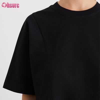 T-shirt de manga corta de mujer de doble lado O cuello en blanco, simple, de gran tamaño, recortado, de parte superior sólida, casual, atlética, de spandex.
