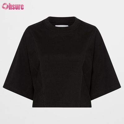 T-shirt de manga corta de mujer de doble lado O cuello en blanco, simple, de gran tamaño, recortado, de parte superior sólida, casual, atlética, de spandex.