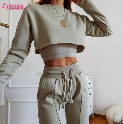 Tejido de algodón orgánico de color sólido 3 piezas Crop Top Jogger Set 2025 Causal Dos piezas Loungewear Sets para mujeres Lounge Wear Sets