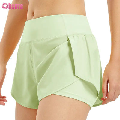 Venta caliente Calzoncillos de carreras de cintura alta para mujeres Calzoncillos rápidos secos de doble capa Calzoncillos de entrenamiento atlético Bolsillos respirables Calzoncillos de yoga para ejercicios físicos