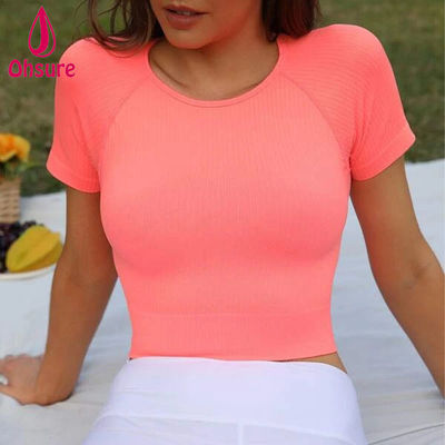 Camiseta deportiva de punto acanalado sólido para mujer, 90% nailon, 10% elastano, que absorbe el sudor, para fitness, gimnasio y entrenamiento
