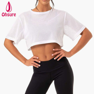 Logotipo personalizado camiseta casual de malla de espandéx tela de equipo cuello ropa de mujer gimnasio de mujeres camisas de calentamiento