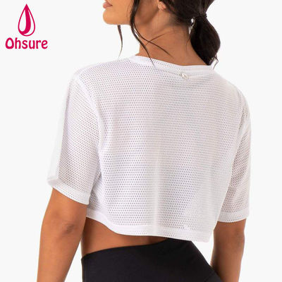 Logotipo personalizado camiseta casual de malla de espandéx tela de equipo cuello ropa de mujer gimnasio de mujeres camisas de calentamiento