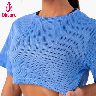 Logotipo personalizado camiseta casual de malla de espandéx tela de equipo cuello ropa de mujer gimnasio de mujeres camisas de calentamiento