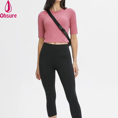 Camisetas con mangas hasta el codo para correr, para mujer, top con cuello redondo, ajuste entallado, secado rápido, absorción de humedad, deportivas, informales, estampadas para mujer
