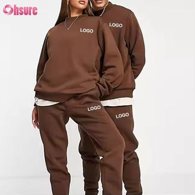Conjuntos de sudadera con capucha y joggers para hombre personalizados, logotipo liso, marrón, chándal unisex, holgado, algodón, canalé, chándal unisex