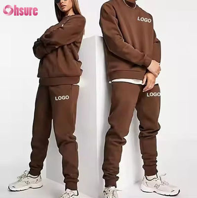 Conjuntos de sudadera con capucha y joggers para hombre personalizados, logotipo liso, marrón, chándal unisex, holgado, algodón, canalé, chándal unisex