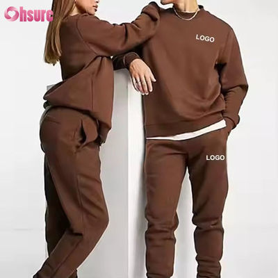 Conjuntos de sudadera con capucha y joggers para hombre personalizados, logotipo liso, marrón, chándal unisex, holgado, algodón, canalé, chándal unisex