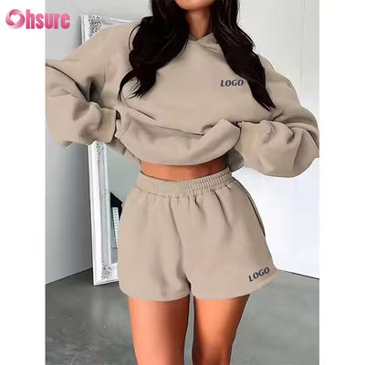 F240140 Conjuntos cortos a medida Conjuntos de dos piezas Mujeres Manga larga Hoodie sencillo Traje de sudor y calzoncillos de gimnasia Conjuntos de ropa de primavera para mujeres