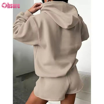 F240140 Conjuntos cortos a medida Conjuntos de dos piezas Mujeres Manga larga Hoodie sencillo Traje de sudor y calzoncillos de gimnasia Conjuntos de ropa de primavera para mujeres