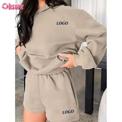 F240140 Conjuntos cortos a medida Conjuntos de dos piezas Mujeres Manga larga Hoodie sencillo Traje de sudor y calzoncillos de gimnasia Conjuntos de ropa de primavera para mujeres