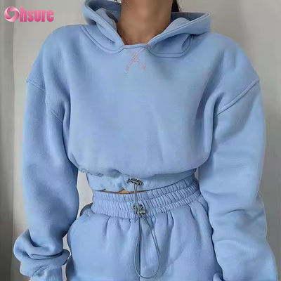 OEM de alta calidad de lana de algodón sudaderos y sudaderas con capucha puestas al aire libre con capucha recortada Top Set de dos piezas ropa femenina