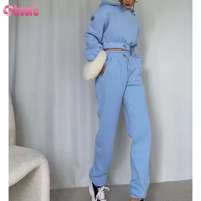 OEM de alta calidad de lana de algodón sudaderos y sudaderas con capucha puestas al aire libre con capucha recortada Top Set de dos piezas ropa femenina